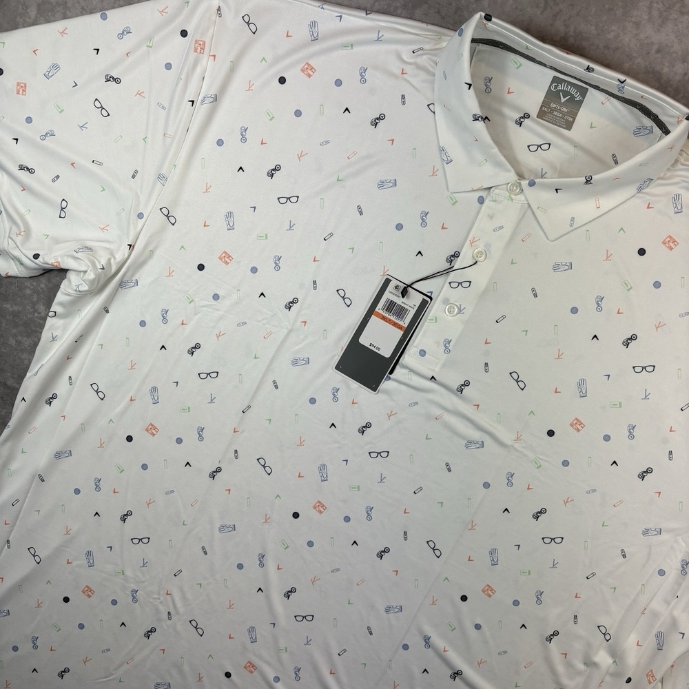 Callaway Polo Shirt Mens 3XLT‎ Tall White Stretch All Over Print Performance NEW